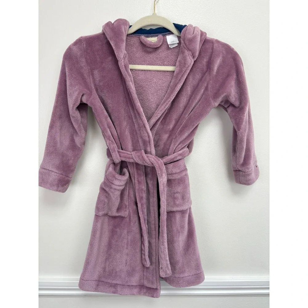 L.L. Bean Big Kids Cozy Hooded Bear Robe Size 4 Plush Purple Pockets Wrap Tie